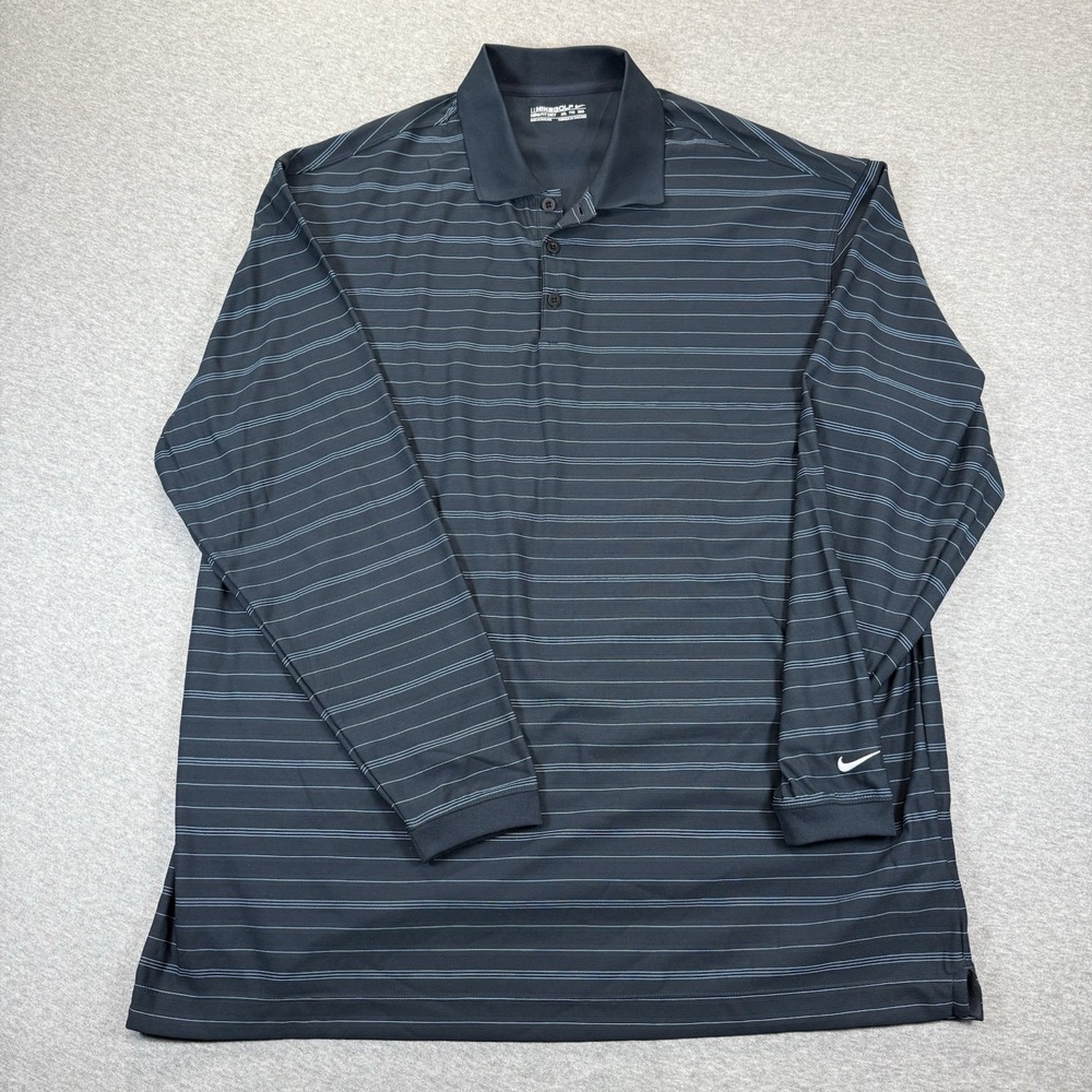 Nike Golf Polo Shirt Mens 2XL Long Sleeve Black White Stripe FitDry 324996-414